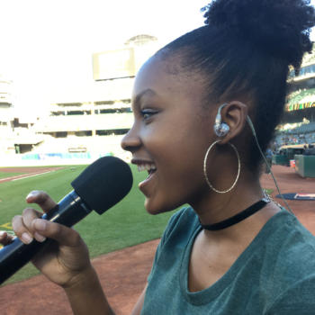 Student Kaya Griffin performs the National Anthem at an A’s game, August, 2018 